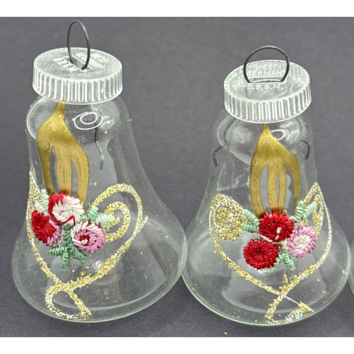 Vtg Lot of 4 DBGM West Germany Blown Mica Glass Bell Ornaments Gold Embroidered
