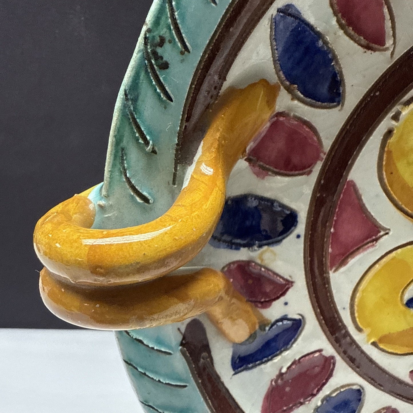 MCM Italy Sgraffito Pottery Cache Candle Base Dish Hand Painted Flower Handles