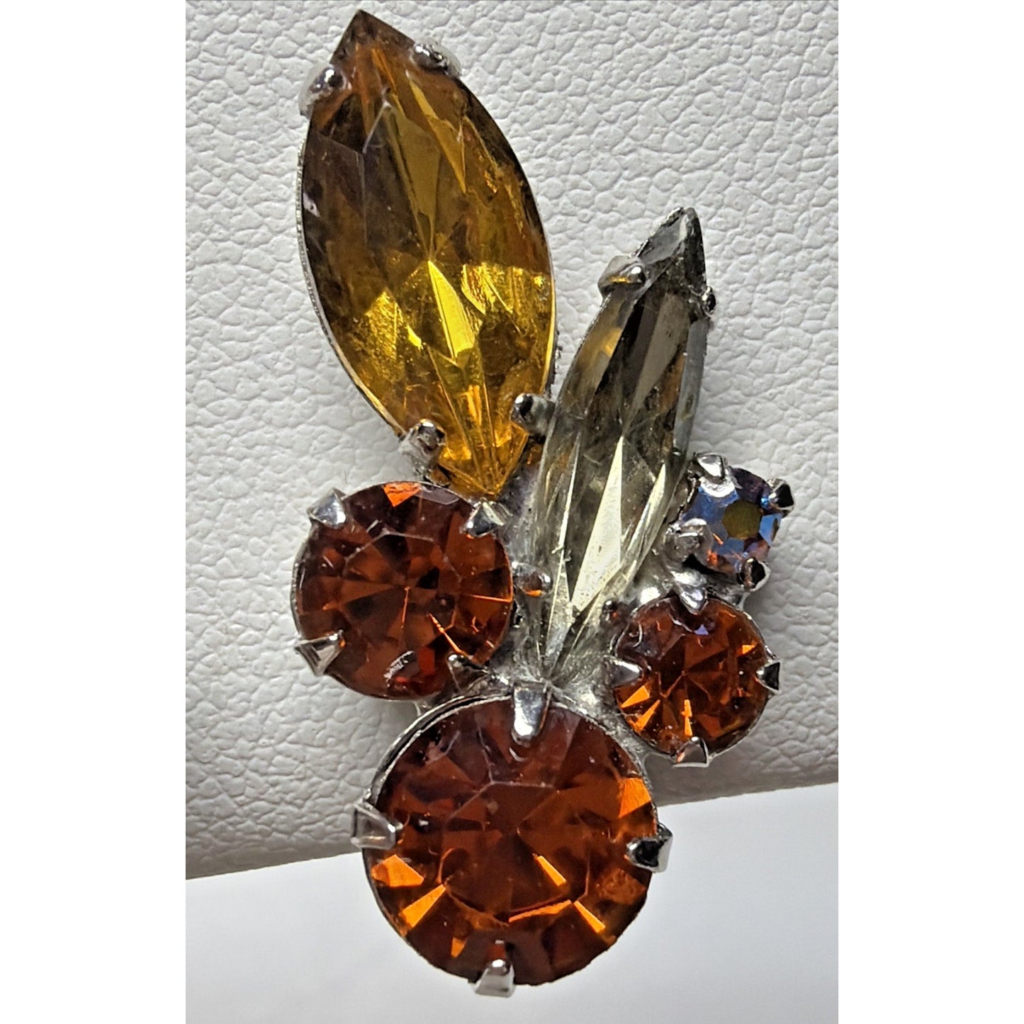 Juliana Smoke Gray Aurora Borealis Amber Topaz Rhinestone Spray Clip Earrings