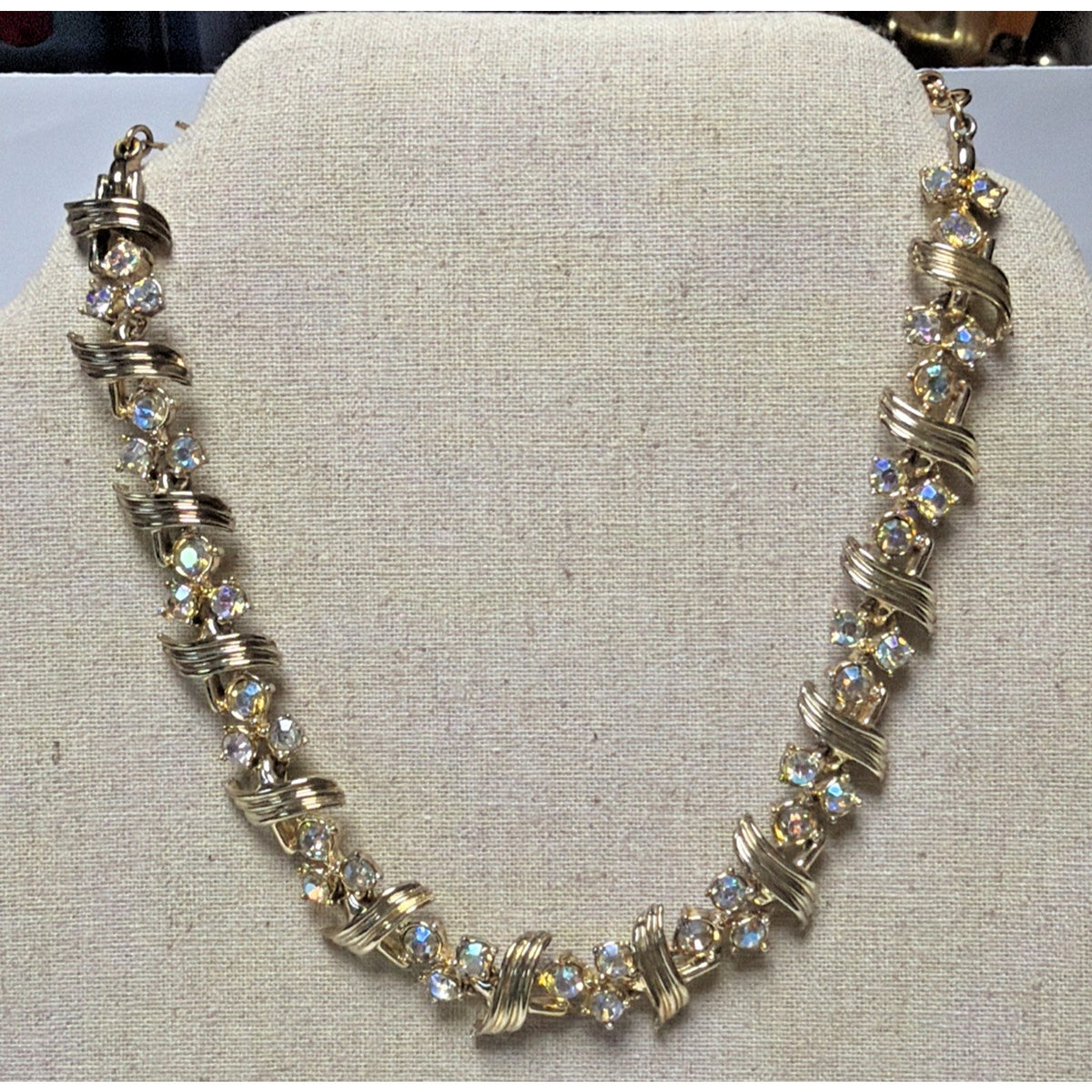 Vintage Aurora Borealis Crystal Choker Link Gold Tone Necklace Adjustable As Is