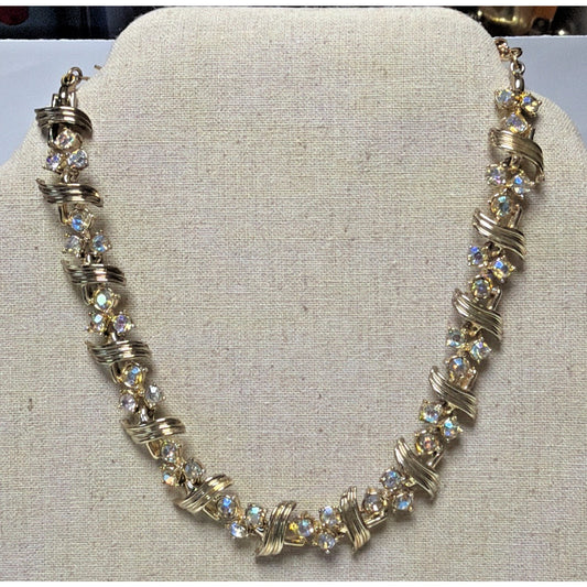 Vintage Aurora Borealis Crystal Choker Link Gold Tone Necklace Adjustable As Is