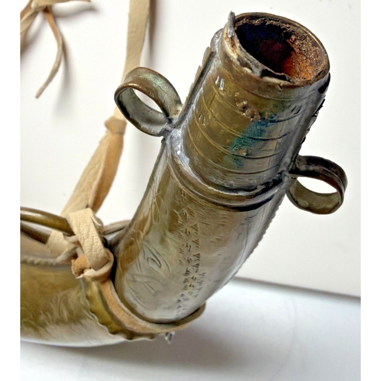 Antique Moroccan Brass Steel Black Powder Horn Flask Shot Strap As Is