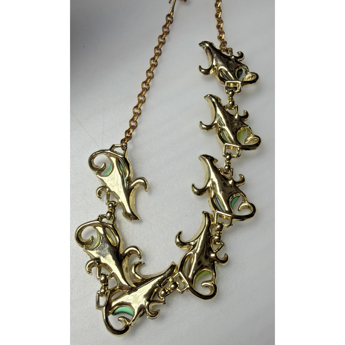 MCM Thermoset Necklace Green Gold Ornate Necklace Adjustable Chain Choker