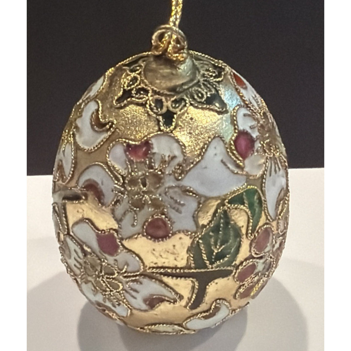 Vintage Enamel Cloisonné Egg Ornament Floral White Gold As Is