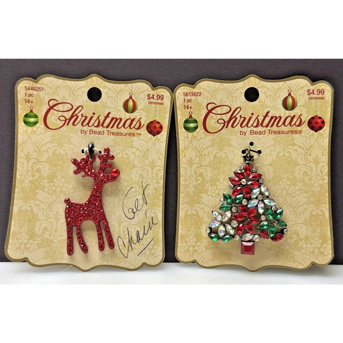 Lot of 2 Christmas Bead Treasures Christmas Tree Rudolph Jeweled Charms Pendants