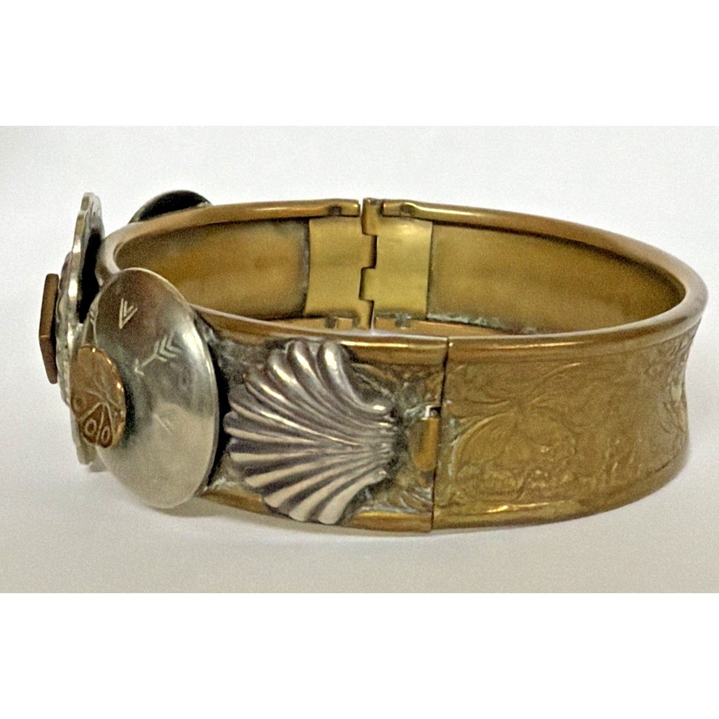Victorian Brass Hinged Embossed Cuff Bracelet Mixed Metal Concho Western As Is