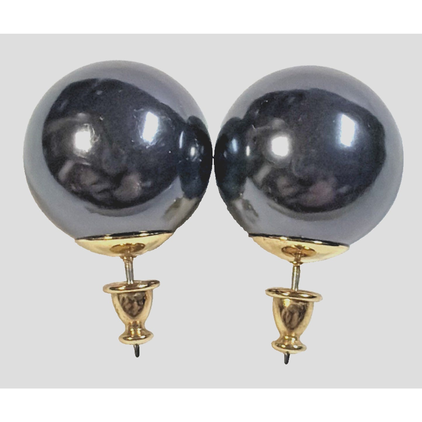 Vintage Monet Gray Large Ball Sphere Black Faux Pearl Stud Earrings Gold Tone