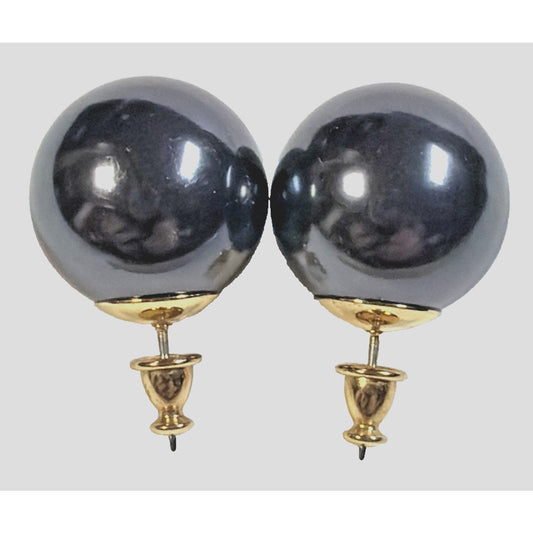 Vintage Monet Gray Large Ball Sphere Black Faux Pearl Stud Earrings Gold Tone