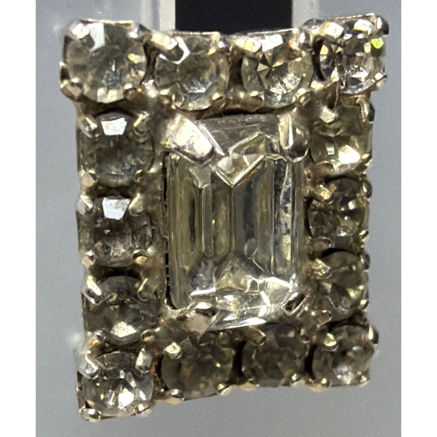 Vintage Emerald Cut Baguette Rhinestone Halo Cluster Pierced Earrings Prong Stud