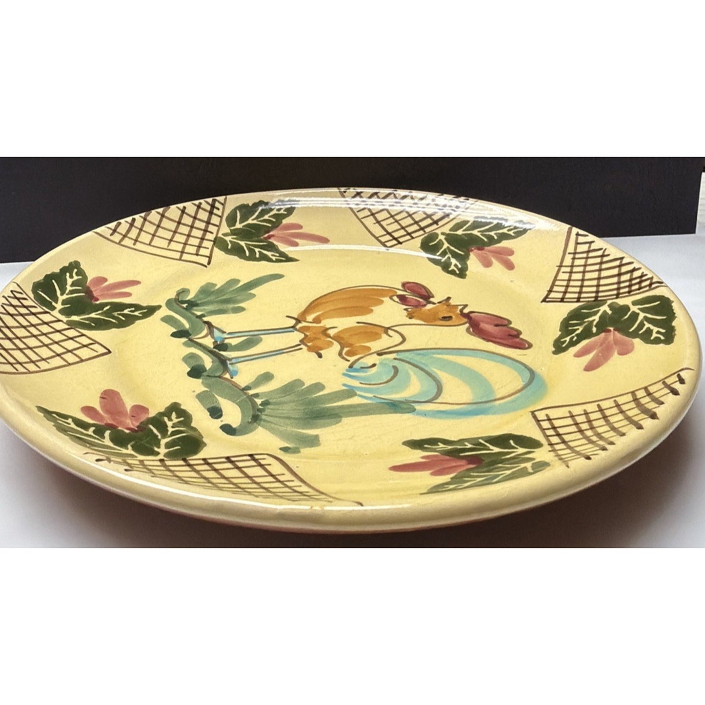 Vtg Lamas Pottery Italy Ceramic Rooster Hen Plate Floral Grid Design Farmhouse