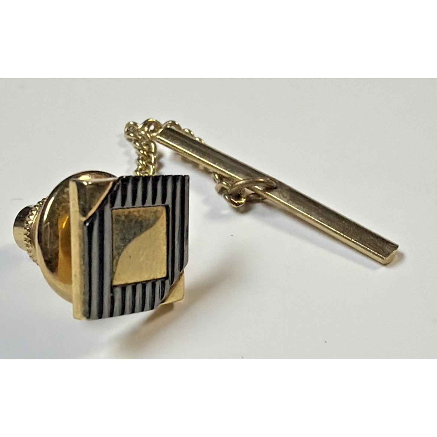 Vintage Pierre Cardin Square Black Lined Gold Tone Tie Bar Pin Tack