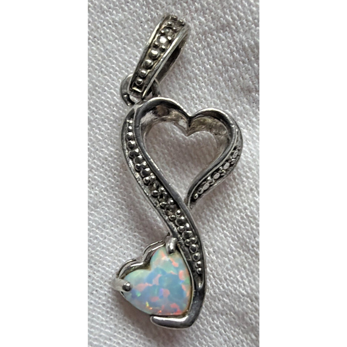 Vintage LA 925 Sterling Silver Double Heart Pendant Opal Diamond Chip