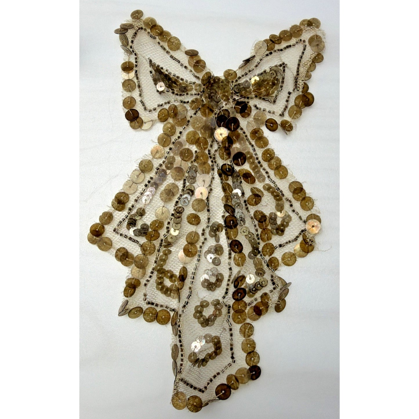 Antique Gold Sequined Tulle Lace Applique Bow Adornment As Is
