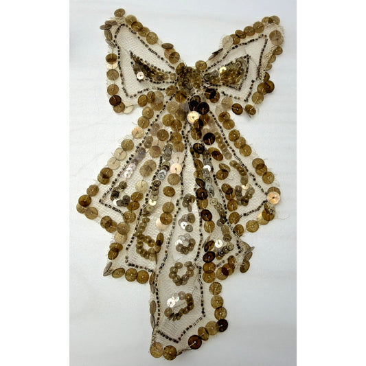 Antique Gold Sequined Tulle Lace Applique Bow Adornment As Is