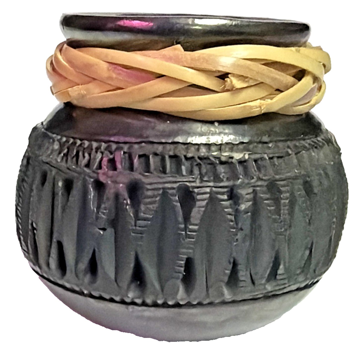 Mexican Folk Art Barro Negro Oaxaca Reticulated Black Pottery Vase Woven Straw