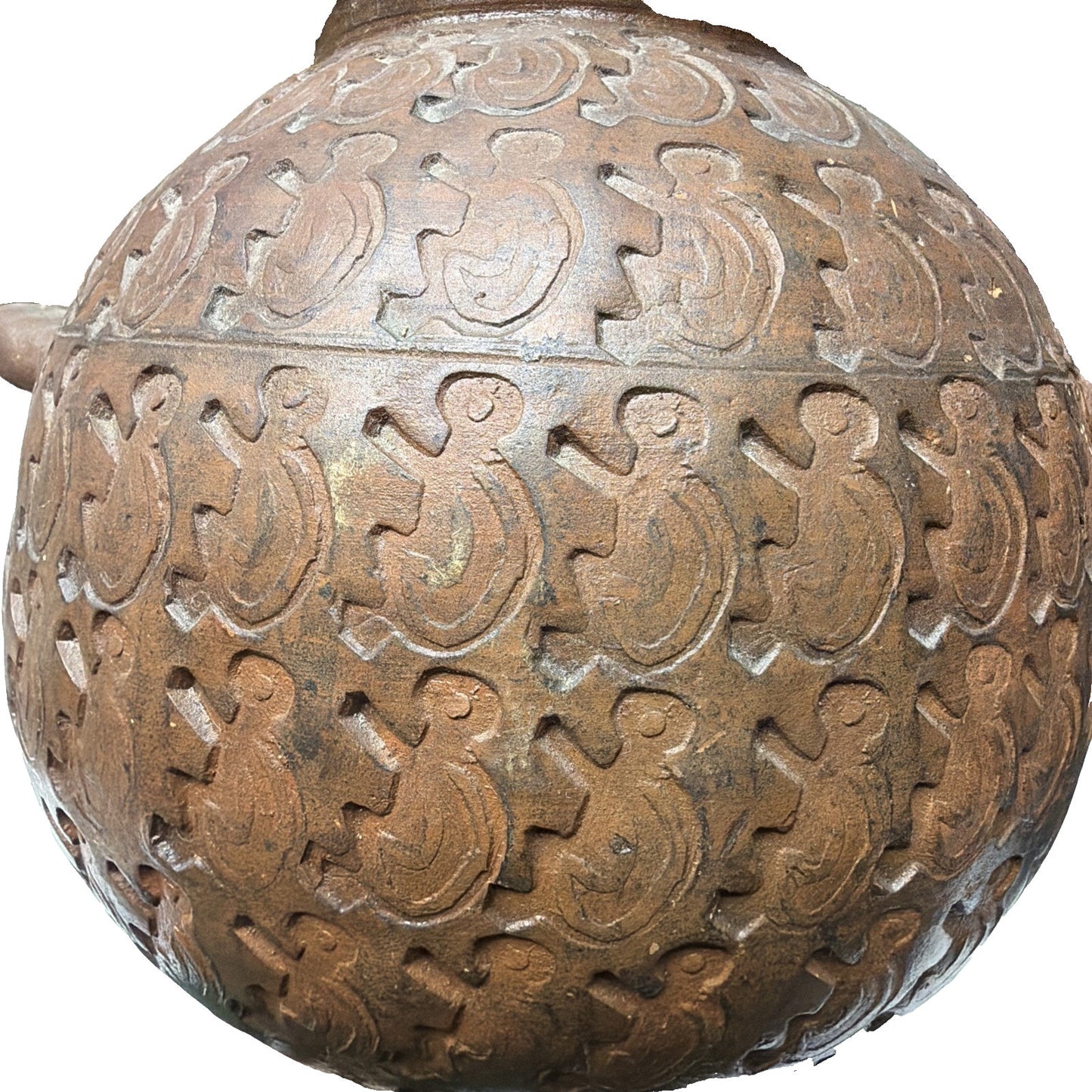 Chinese Asian Earthenware Pot Jar Vessel Bamboo Handle Impressed Symbols As Is