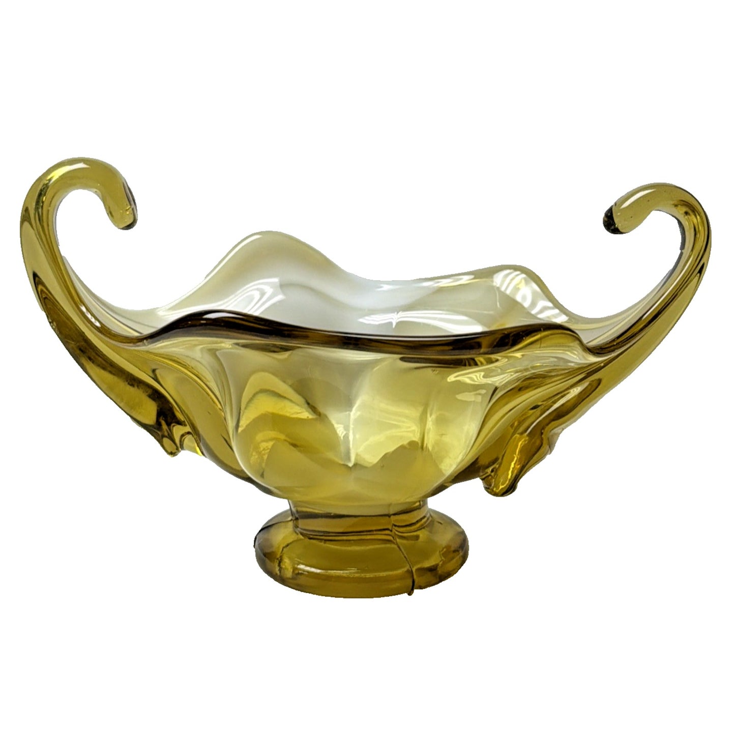 MCM Italian Art Glass Freeform Golden Bowl Amber White Handles Footed Pedestal