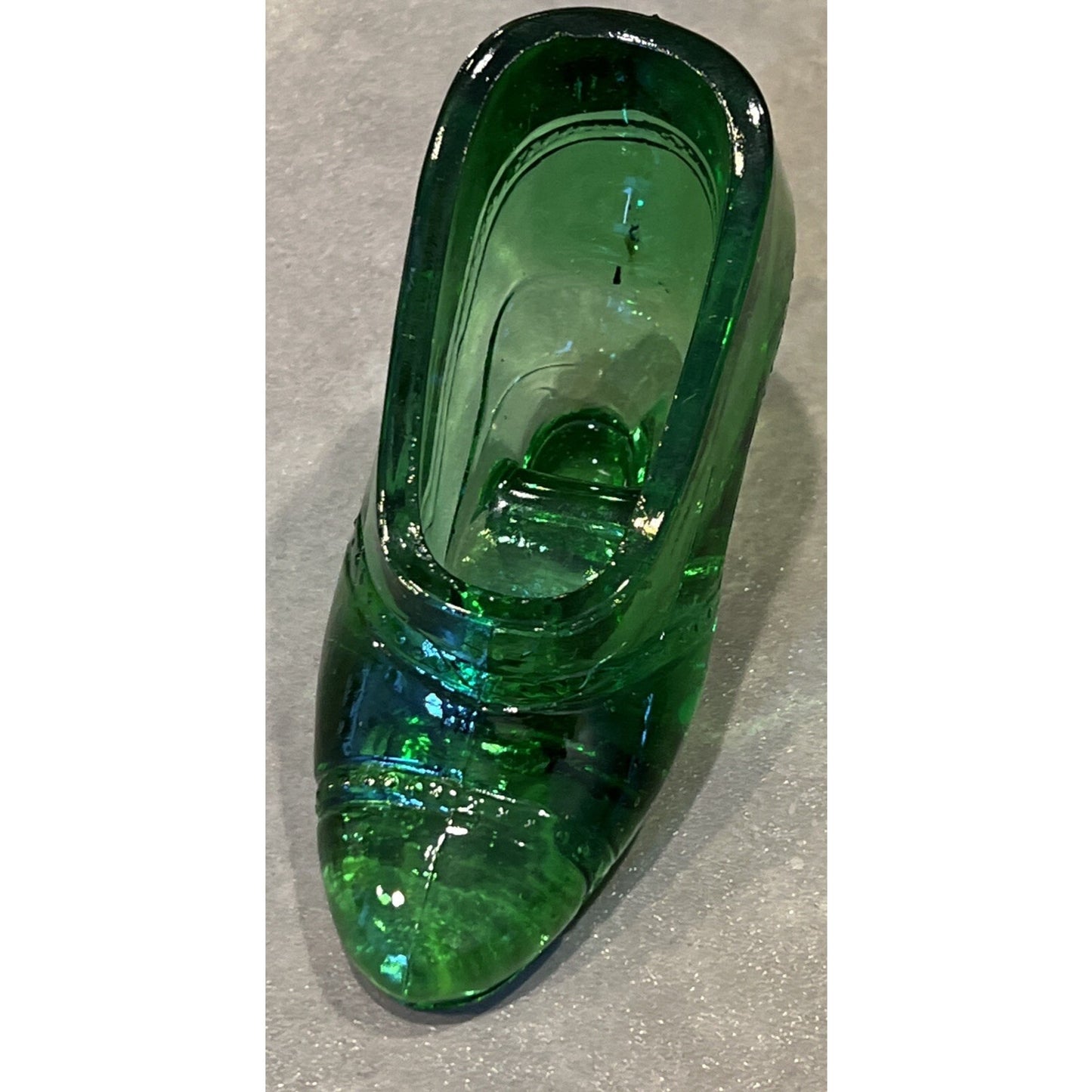 EAPG US Glass Green Ladies Shoe Novelty Ashtray Paperweight Heeled Slipper