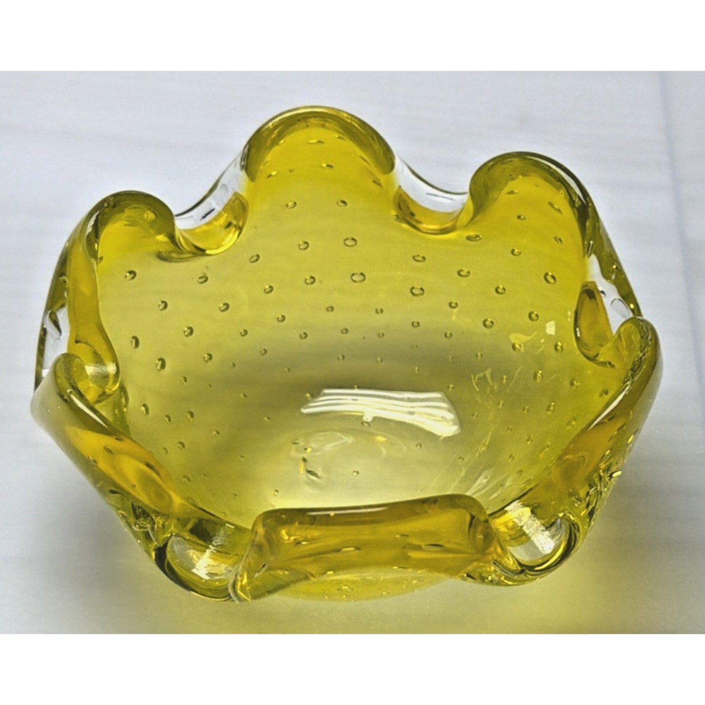 Vtg Kreiss Art Glass Bullicante Canary Yellow Controlled Bubbles Bowl Ashtray