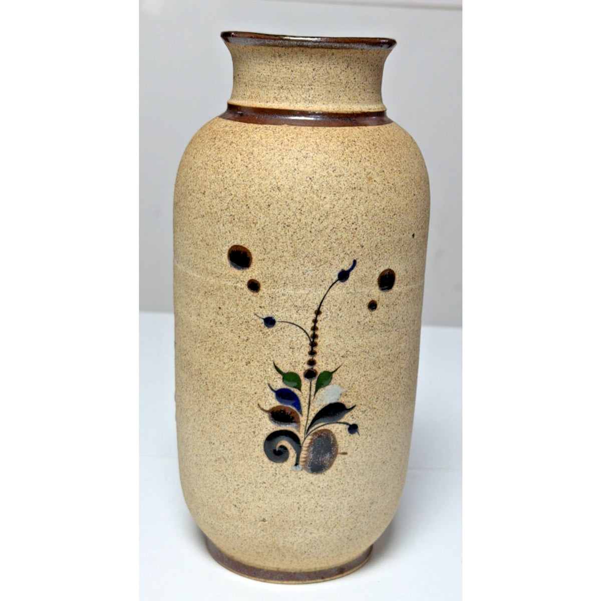 Vintage Tonala Folk Art Netzi Mexican Pottery Sandstone Vase Bird Flower Signed