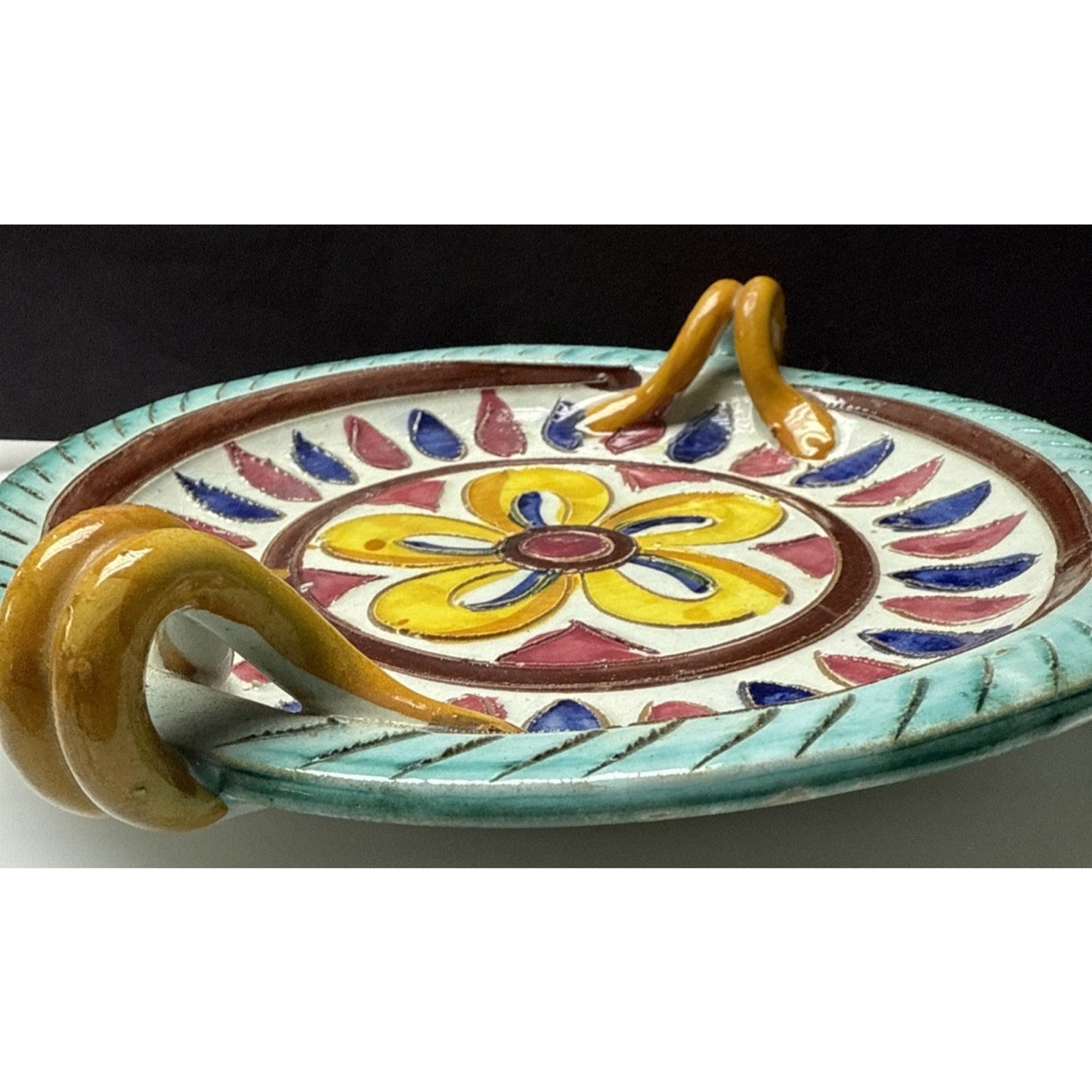 MCM Italy Sgraffito Pottery Cache Candle Base Dish Hand Painted Flower Handles