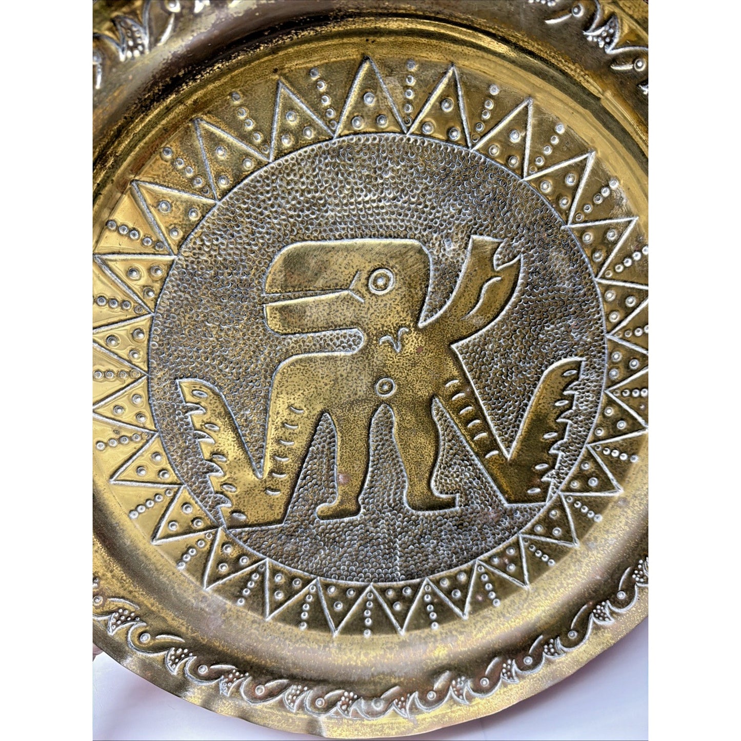 Mayan Aztec Peruvian Brass Gold Metal Enamel Engraved Hammered Wall Plate As Is