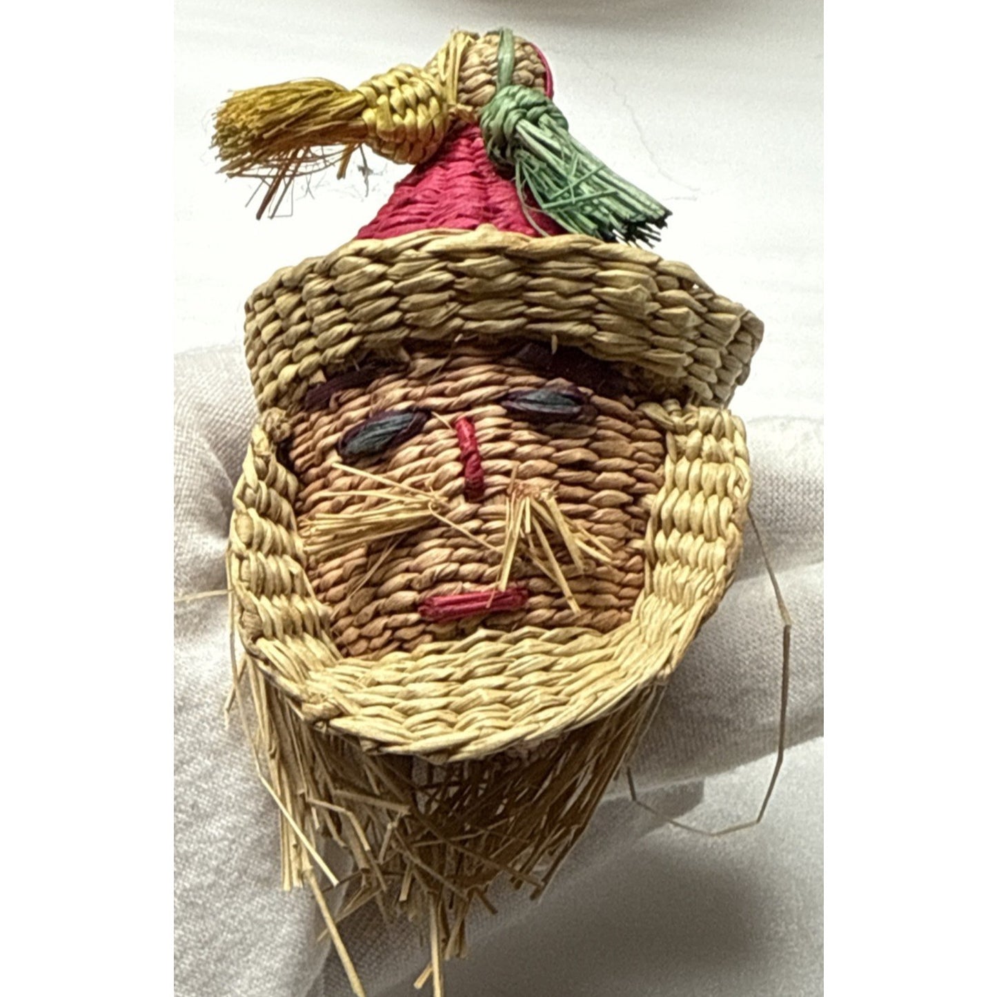 Vintage Santa Christmas Ornament Woven Straw Wicker Bells Peruvian As-Is