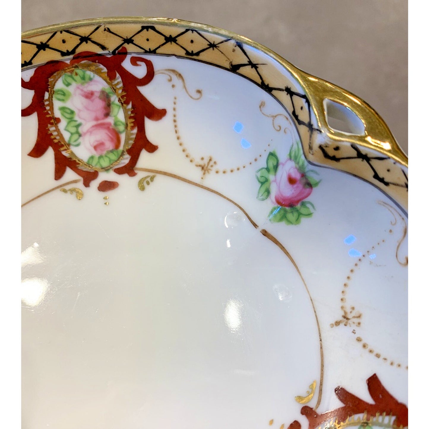 Noritake Morimura Japan Hand Painted Roses Floral Bowl Reticulated Handles Gold