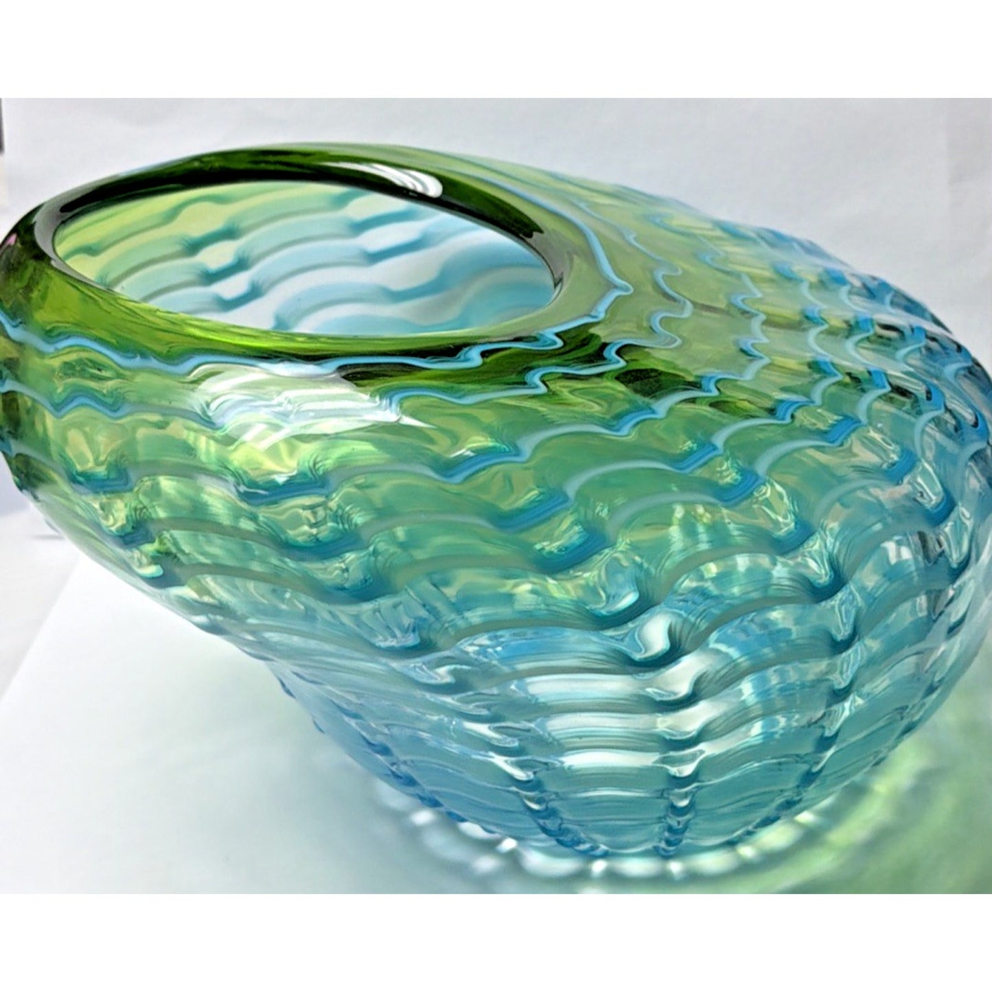 Dale Tiffany Waterfront Hand Blown Art Glass Green Blue Favrille Vase Bowl