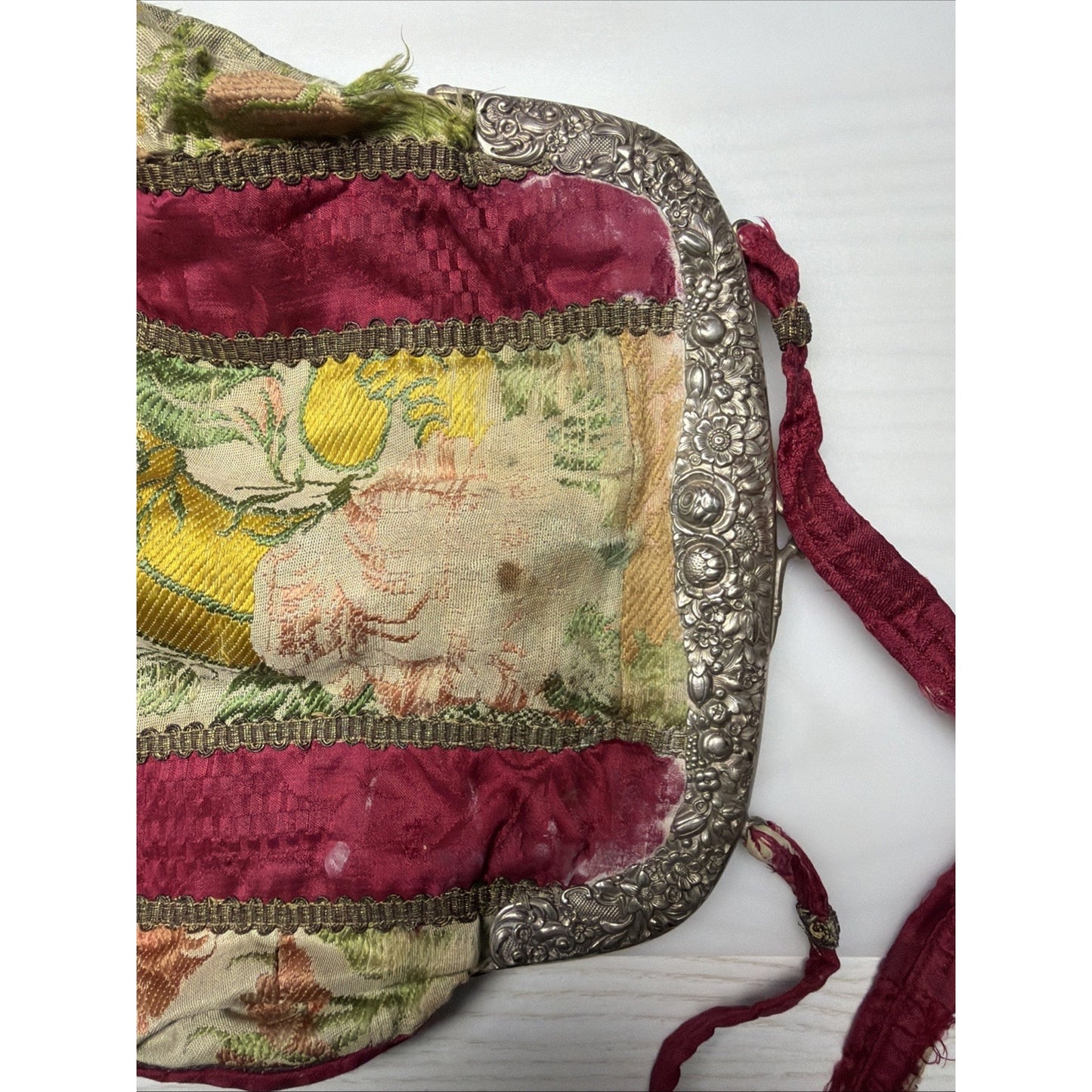 Antique Repousse Metal Frame Tapestry Needlepoint Evening Bag Silk Lined As Is