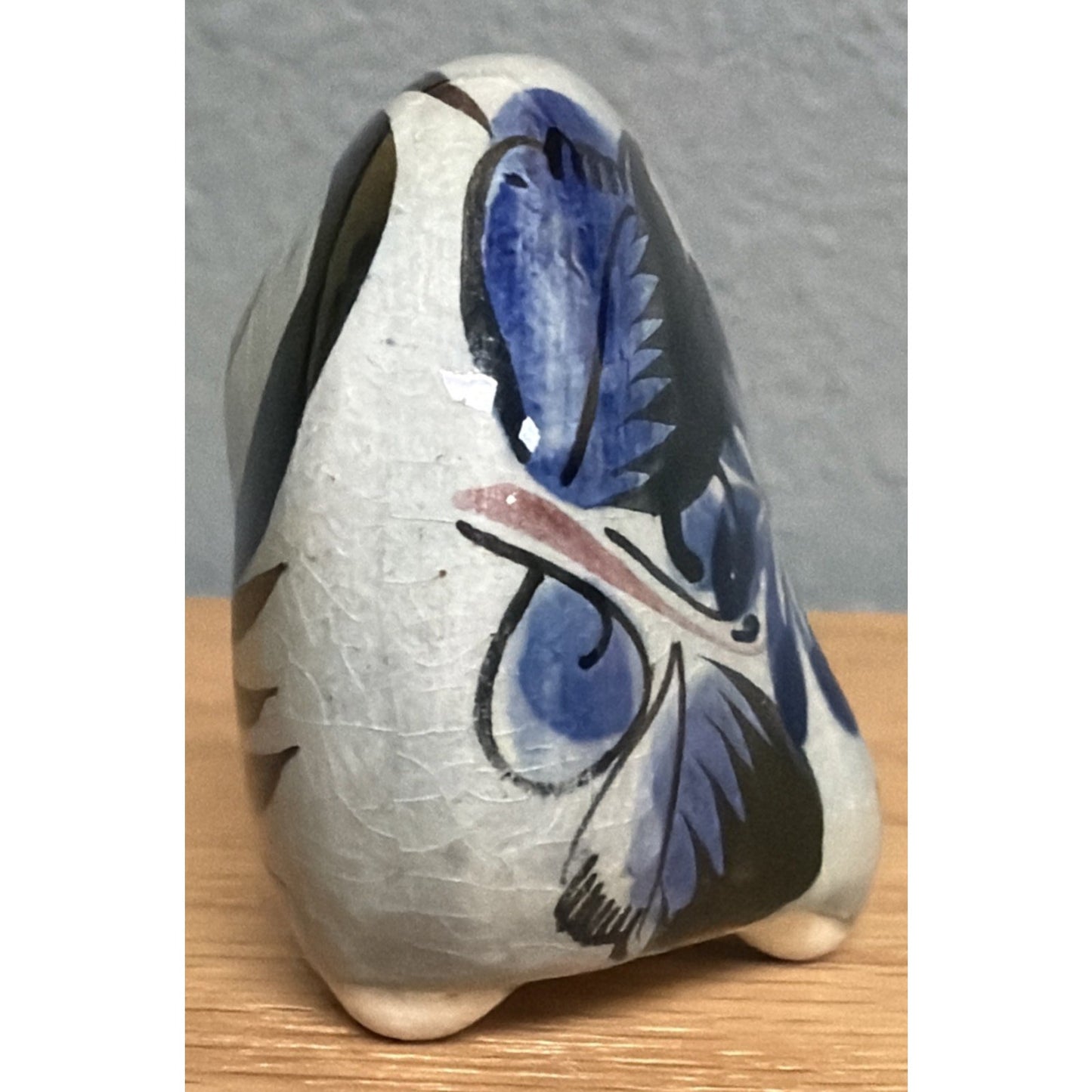 Vintage Mexican Tonala Pottery Owl Hand Painted Glazed Floral Yellow Nose As Is