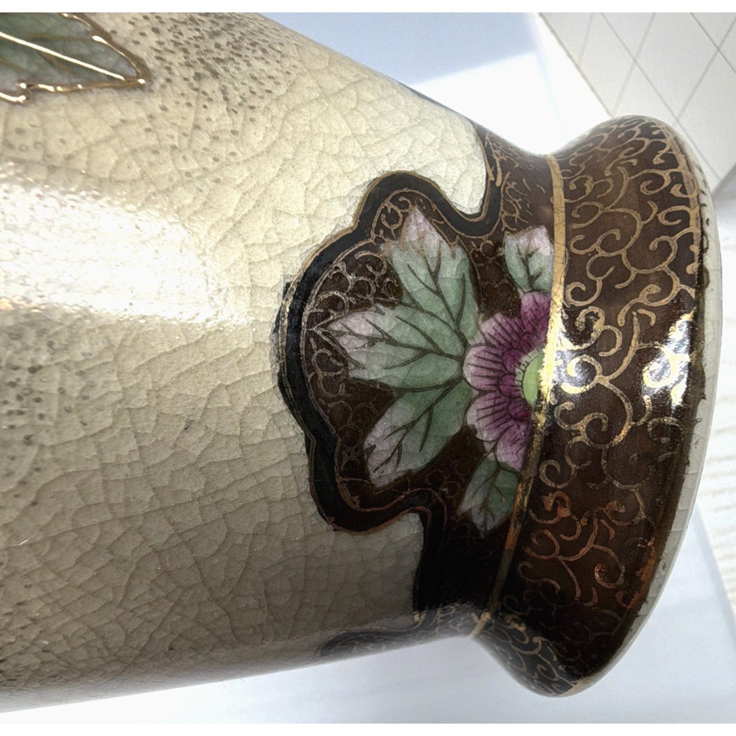 Old Hand Painted Japanese Satsuma Vase Crackle Gold Gilded Birds Floral Birdcage