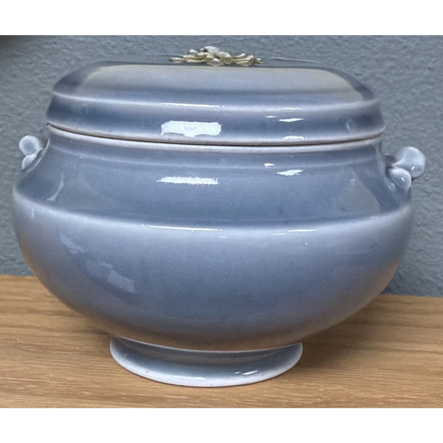 Vtg Celadon Tea Caddy Ginger Jar Embossed Chrysanthemum Blue Gray Handles Signed