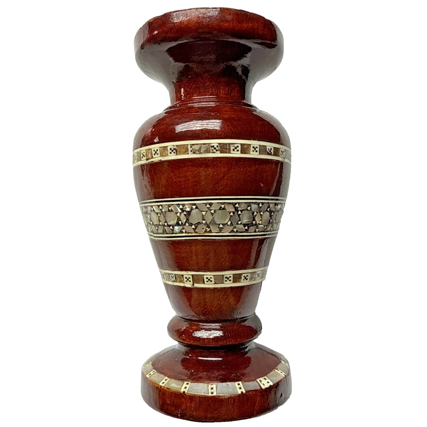 Vtg Egyptian Beechwood Inlaid Mother of Pearl Abalone Vase Mosaic Pattern As-Is