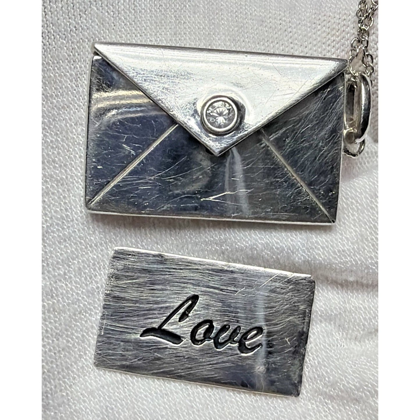 Vintage Sterling Silver Envelope Locket Love Note Message Charm Necklace CZ