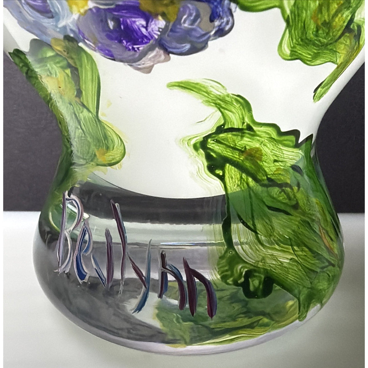 Vintage Mouth Blown Cased Art Glass Vase Hand Painted Floral Primrose Signed