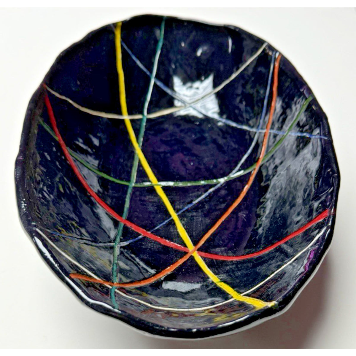 Studio Art Pottery Black Glazed Bowl Modernist Geometric Abstract Lines Read