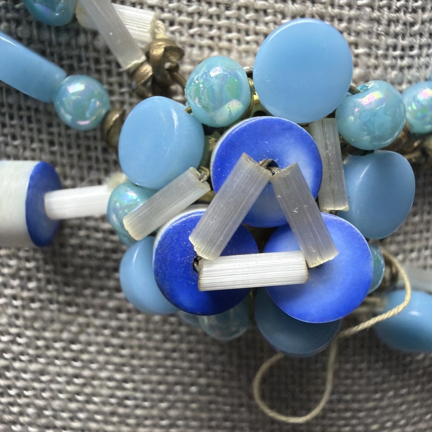 Japan Blue White Multi Strand Beaded Necklace Clip Earrings Jewelry Set As Is