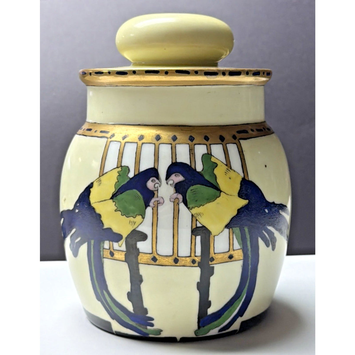 Antique Imperial Austria Hand Painted Parrot Jar Canister Humidor Lid As Is