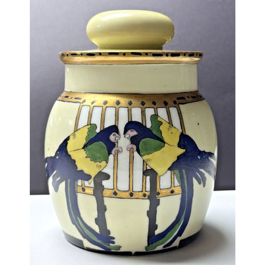 Antique Imperial Austria Hand Painted Parrot Jar Canister Humidor Lid As Is