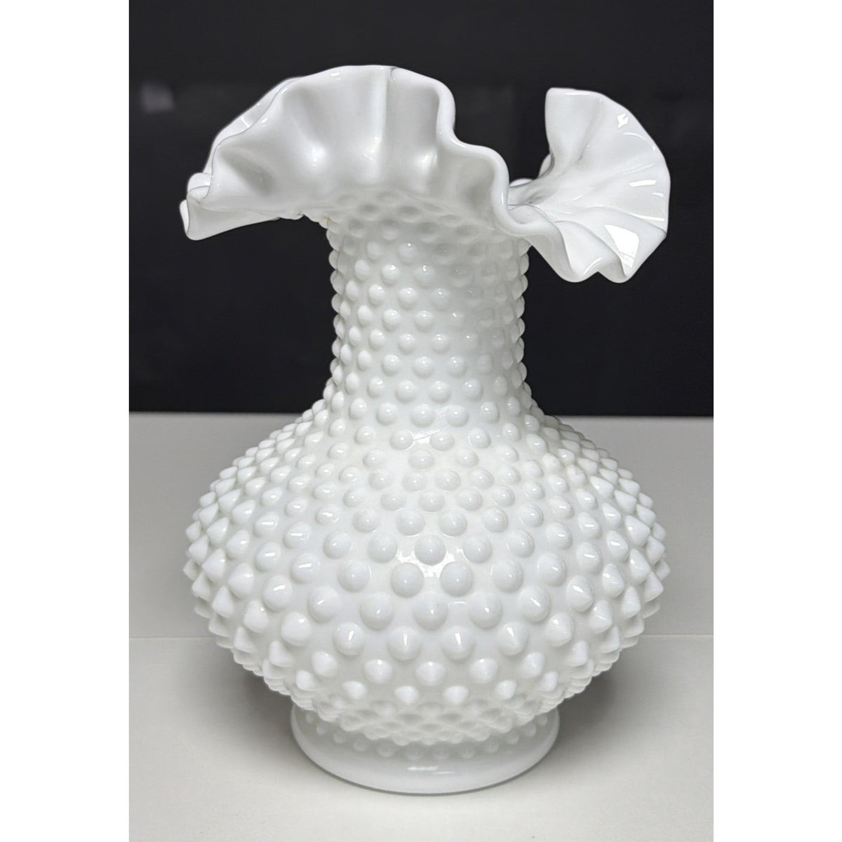 Vintage Fenton Milk Glass Vase Hobnail Ruffled Crimped Rim