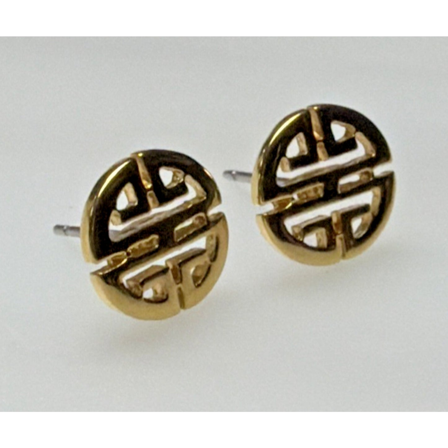 Vtg Crown Trifari Gold Plated Asian Inspired Round Earrings Longevity Post Stud