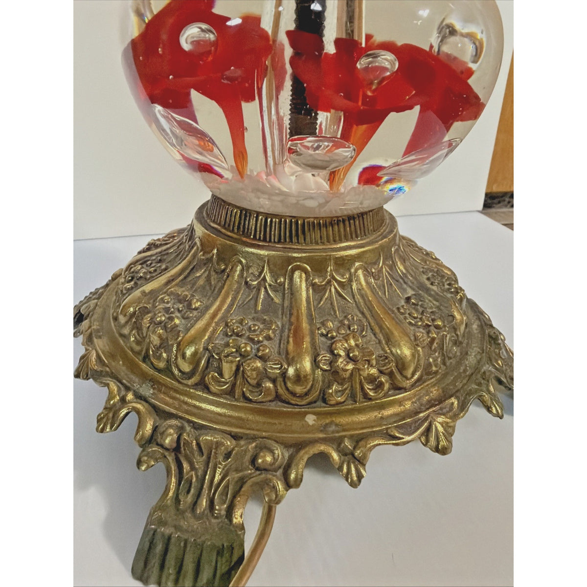 Vtg Clair Joe Rice Art Glass Red Trumpet Flower Lamp Paperweight Ornate L&L WMC