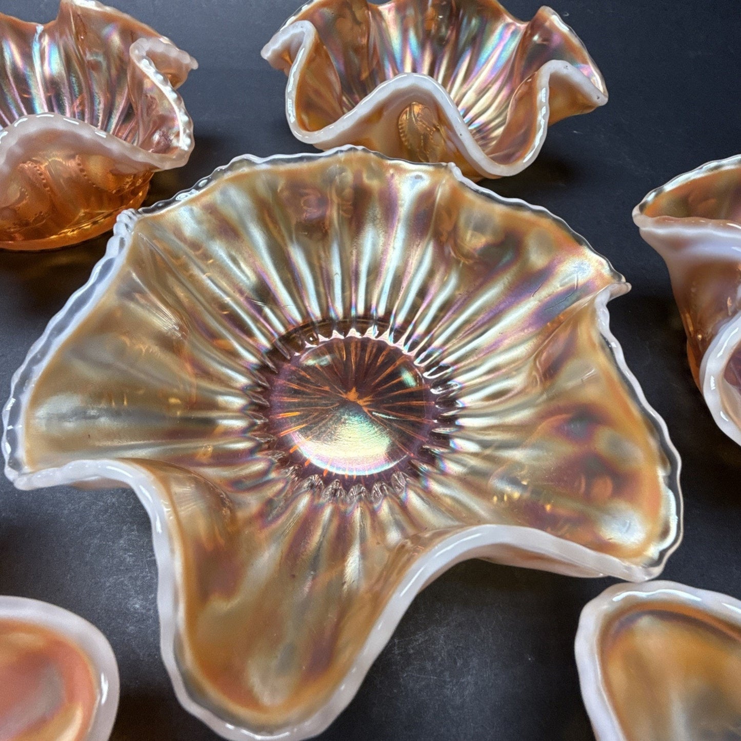 Lot of 7 Dugan Glass Peach Opal Carnival Ray Jewel Heart Master Berry Bowl As-Is