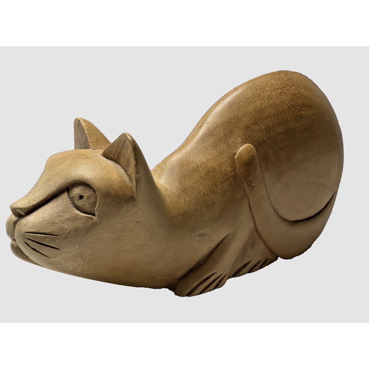 Folk Art Whimsey Hand Carved Solid Wood Cat Figurine Crouched Statue