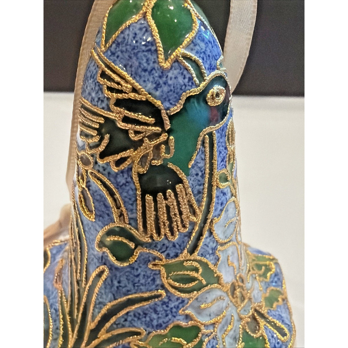 Vintage Enamel Cloisonné Bell Ornament Hummingbird Floral Blue Gold