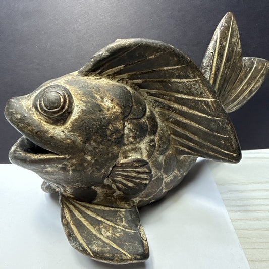 Vintage Asian Inspired Terra Cotta Clay Koi Carp Fish Sculpture Vase As Is