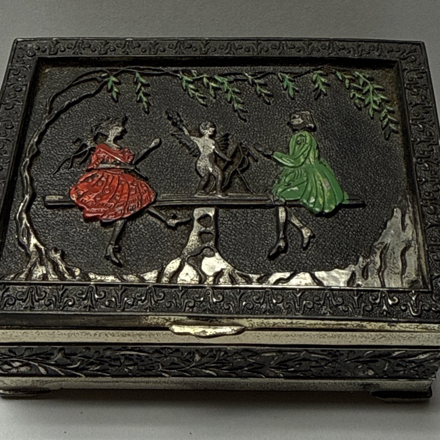 Vintage Victorian Metal Wood Cigarette Box Angel Women Ornate Japan As Is