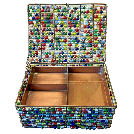 Vintage Jewelry Box Copper Metal Beaded Multicolor Removable Tray Boho As Is