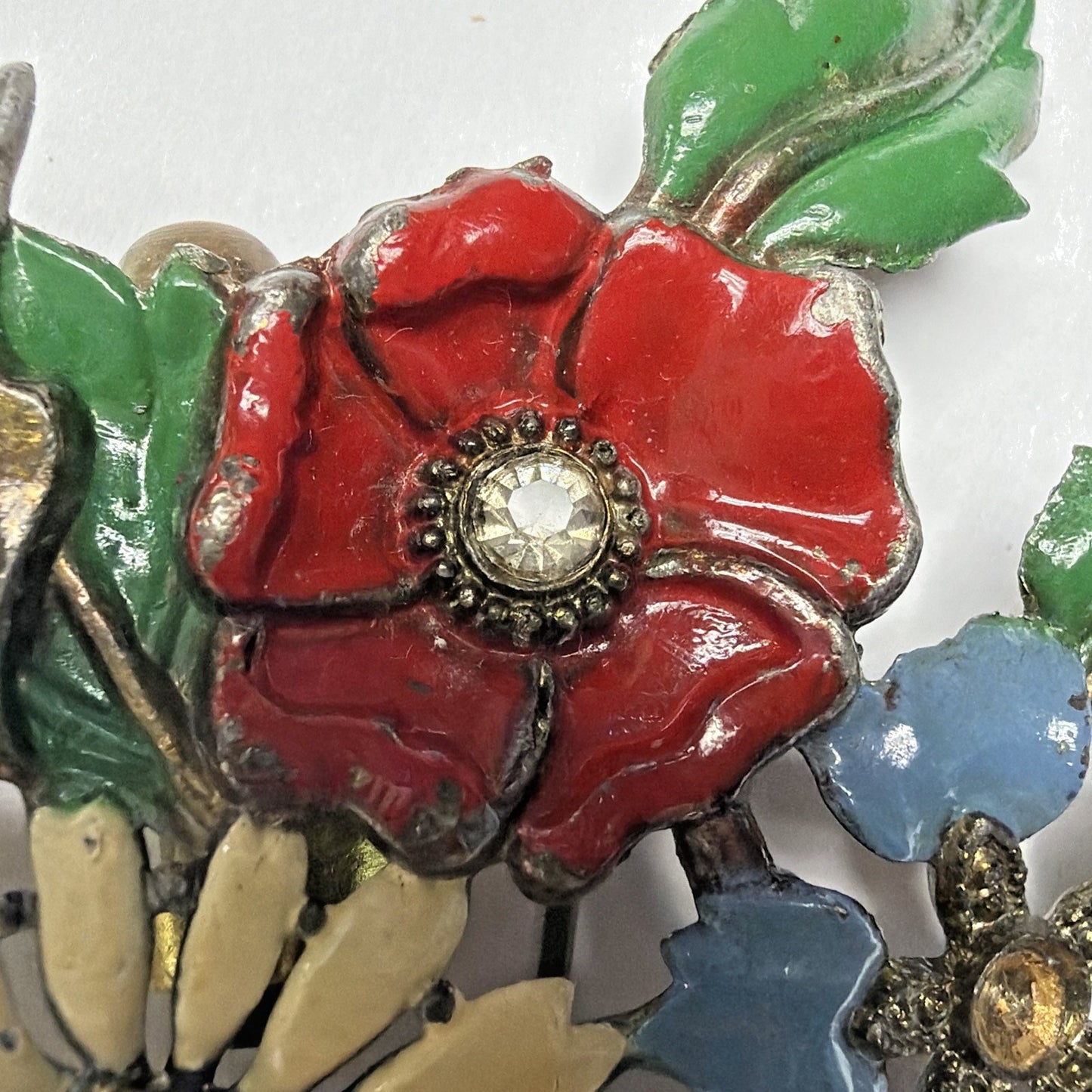 Art Deco Enamel Flower Brooch Bouquet Brass Vial Rhinestone Pot Metal As Is